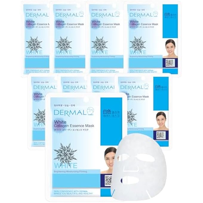DERMAL WHITE COLLAGEN ESSENCE FULL FACE FACIAL MASK SHEET 23G PACK OF 10 - Image 1